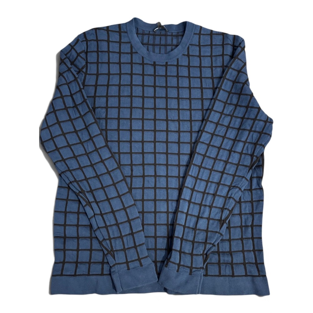 Theory Blue Black Grid Knit Crewneck Sweater F0184709 Mens Cotton